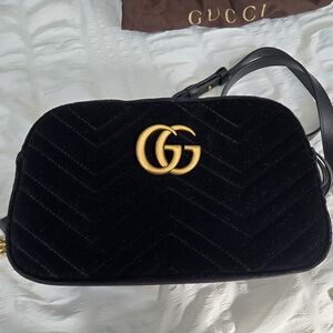 Gucci Black Velvet Crossbody Bag with Gold Accent- Authentic